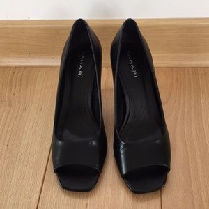 Black Leather Tahari Open Toe Pumps